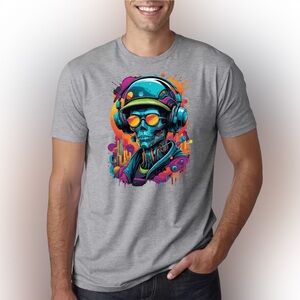 Cyberpunk Skull Headphones Graphic T-Shirt Neon Street Art Tee
